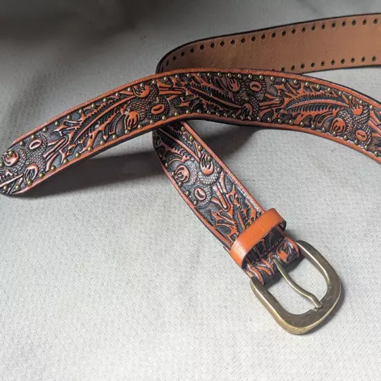 vintage style TOOLED leather belt STUDDED brown 42 cowboy WESTERN acorn RODEO