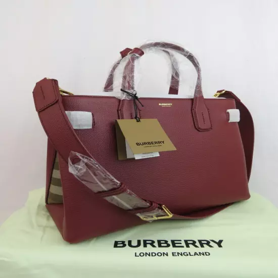 $1790 BURBERRY MD BANNER CRIMSON LEATHER CHECK CANVAS SHOULDER MEDIUM TOTE BAG