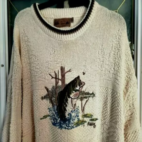 FREE SHIPPING! FISH or DEER APPLIQUE COZY IVORY SWEATERS! XL & XLT 