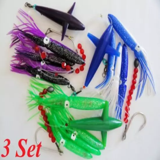 Set of 3 DAISY CHAIN BAIT RIG BULB SQUID & BIRD TUNA MARLIN TROLLING LURE Random