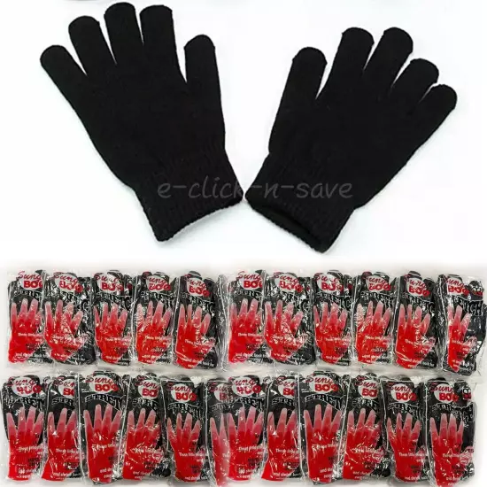 12 Pair Bulk Solid Black Thermal Warm Winter Magic Gloves Knit Elastic Lot