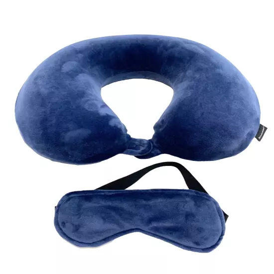 BROOKSTONE MEMORY FOAM TRAVEL PILLOW navy blue with matching eye sleepers