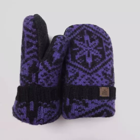 Upcycled Wool Black Purple Sweater Mittens Sherpa Fleece Lined NEW Adult M/L