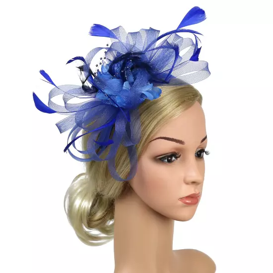 Women Fascinator Feather Hat Flower Hair Clip Church Wedding Party Headwear Clip