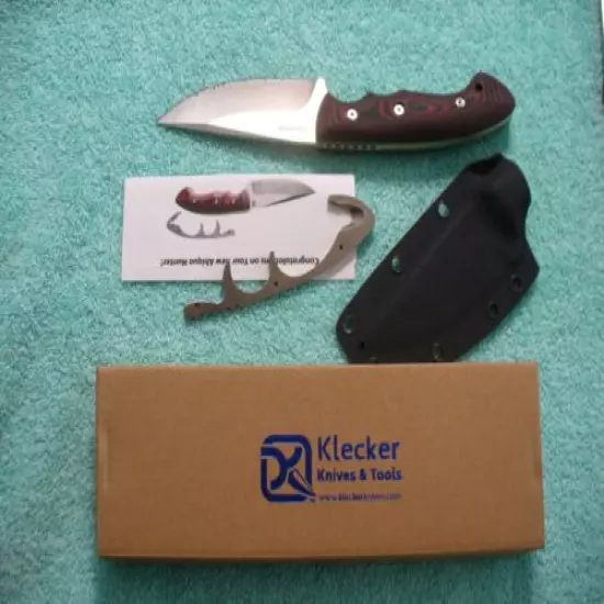 Klecker Fishing/ Hunting Knife brown/black w/sheath & gut hook, NEW IN BOX