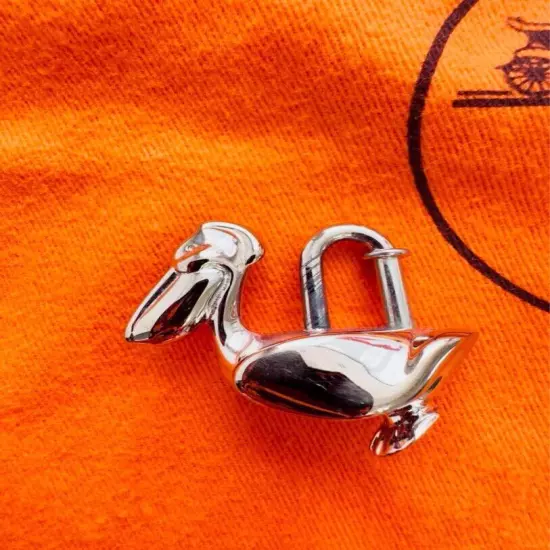 HERMES Pelican Motif 1992 Cadena Padlock Silver Bag Charm JPN