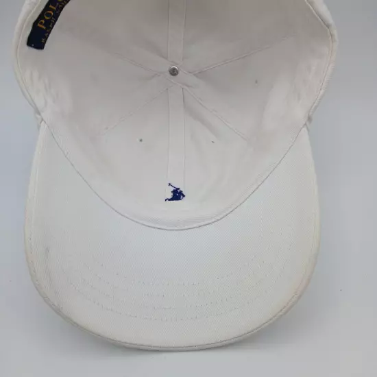 Polo Ralph Lauren Hat Cap Strap Back Solid White with Blue Pony Logo and Script