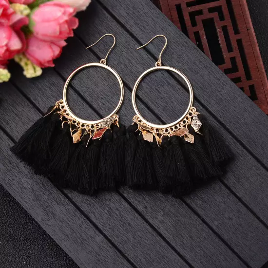 Fashion Women Bohemian Earrings Long Tassel Fringe Drop Dangle Ear Stud Jewelry