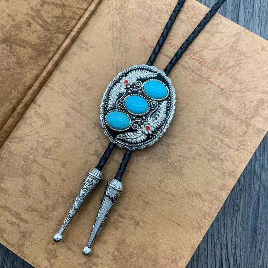 Vintage Native American Western Cowboy Blue Natural Turquoise Stone Bolo Tie New