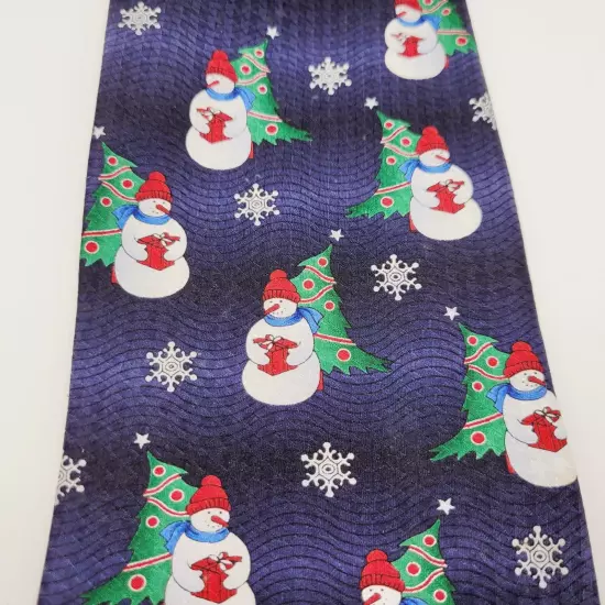 Snowman with Gift Christmas Winter Holiday Wavy Print Blue Vintage Silk Necktie