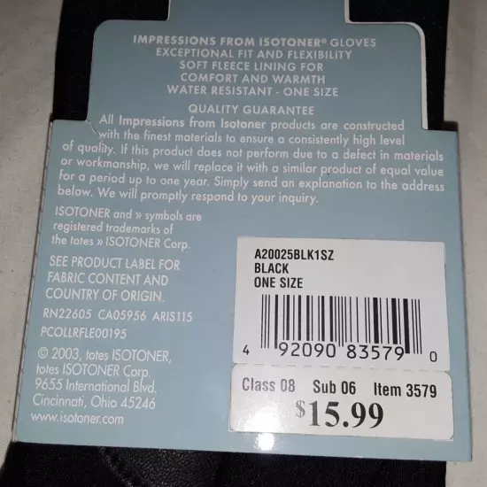 Isotoner Impressions #20025 NWT lined black stretch gloves womens one-size