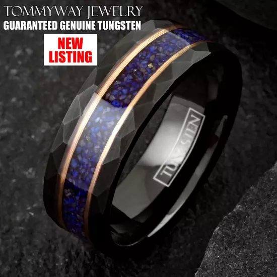 Black Tungsten Carbide Blue Lapis Lazuli Rose Gold Plated Wedding Band Ring