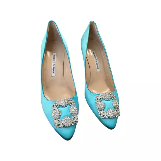 Manolo Blahnik Hangisi Pumps Turquoise Satin Light Blue Crystal Embellished 8.5