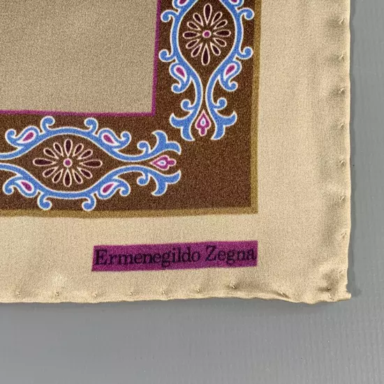 ERMENEGILDO ZEGNA Purple Taupe Paisley Silk Pocket Square