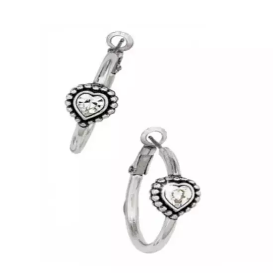 Brighton SHIMMER Twinkle Crystal HEART 1” Silver HOOP Post Earrings NWT