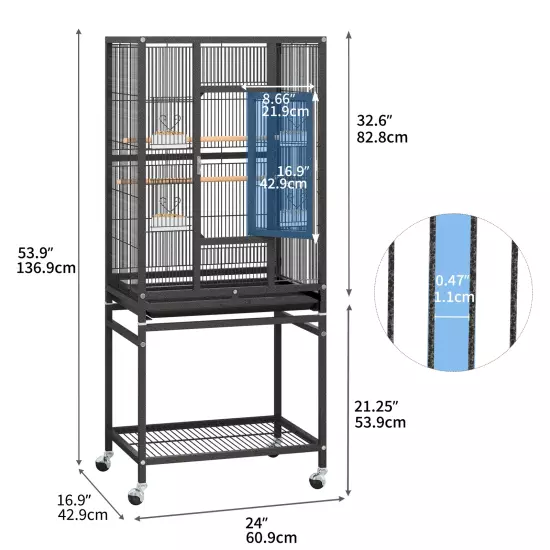 53" Metal Bird Cage with Rolling Stand and Castor Wheels, Large Bird Cages for P