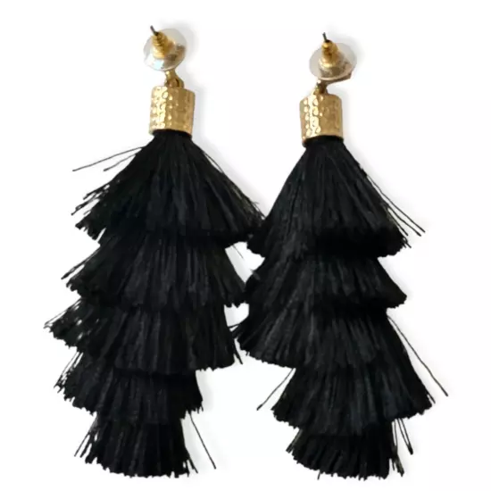 Tassel Dangle Earrings Long Witchy Black Gold Tone Lightweight Gypsy Boho Hippie