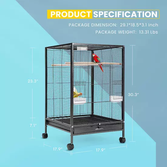 30 Inch Height Wrought Iron Bird Cage with Rolling Stand for Parrots C