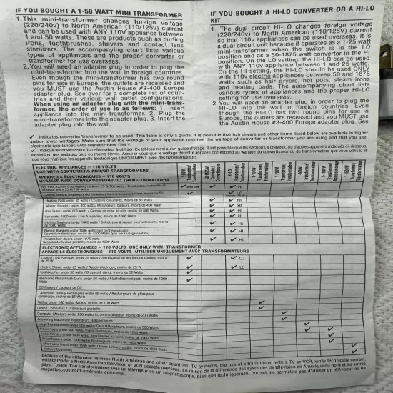 Austin House Auto Hi-Lo 1-50 & 51-1875 Watts Converter Mini Transformer Made USA