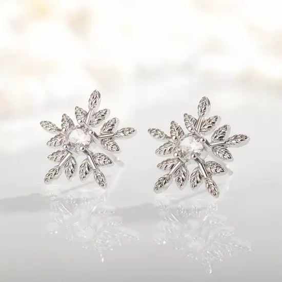 Women 925 Silver Filled Snowflake Stud Earring Cubic Zircon Wedding Jewelry