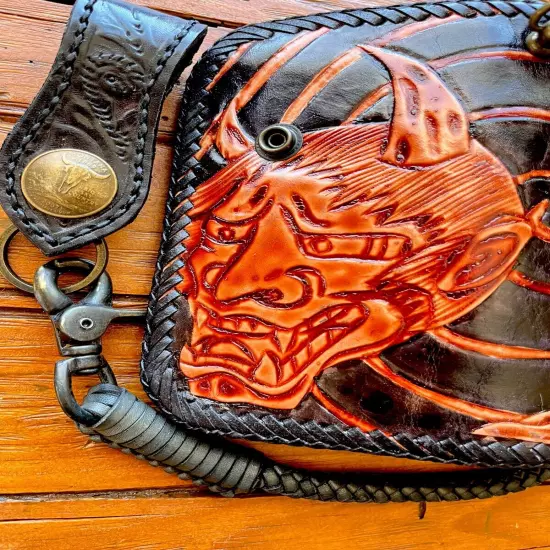 Right Handed Chain Wallet 3/4 size motorcycle Devil tooled engraved Leather