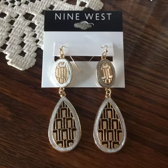 Nine West Drop Dangle Hook Earrings Filigree Gold Tone & Silver Sparkle