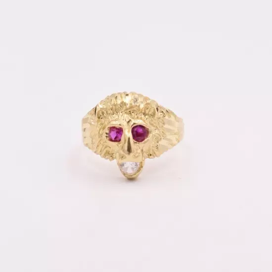 Men's Unisex Lion Head Ring Ruby Eyes & CZ Real Solid 10K Yellow Gold Size 8