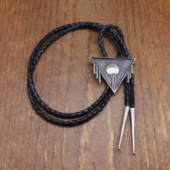 Sterling Silver Triangle Bolo Tie with a Disc and Silver Vertical Lines