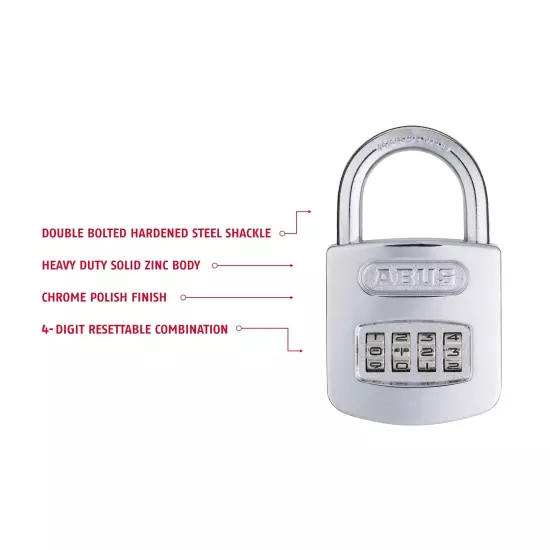 160/50 B 160 All Weather Chrome 4 Dial Combination Padlock, Black/Silver