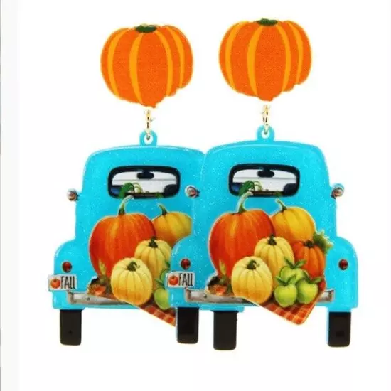 HARVEST THANKSGIVING BLUE TRUCK WITH PUMPKINS DANGLE ACRYLIC PIERCED EARRINGS