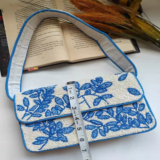 Handmade Blue White Floral Beaded Shoulder Bag