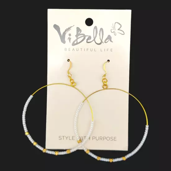 Vi Bella Beaded Hoop Earrings - 2" Large White & Gold Tone - New!