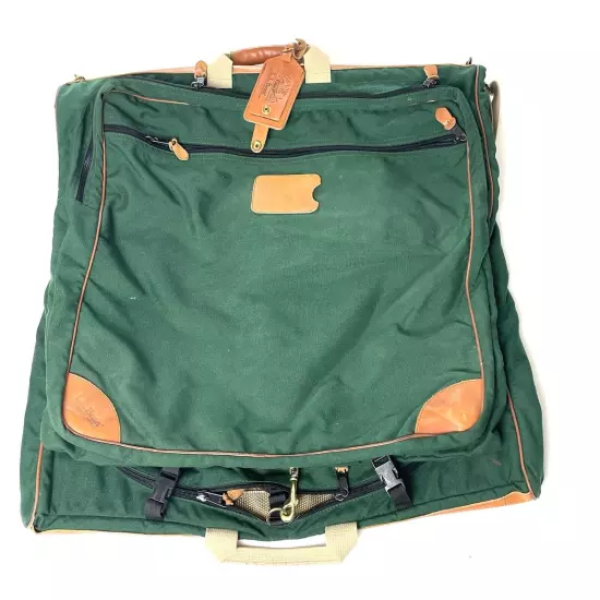 80s 90s LL BEAN Green Canvas Leather Folding Garment Carrying Bag Travel Vintage