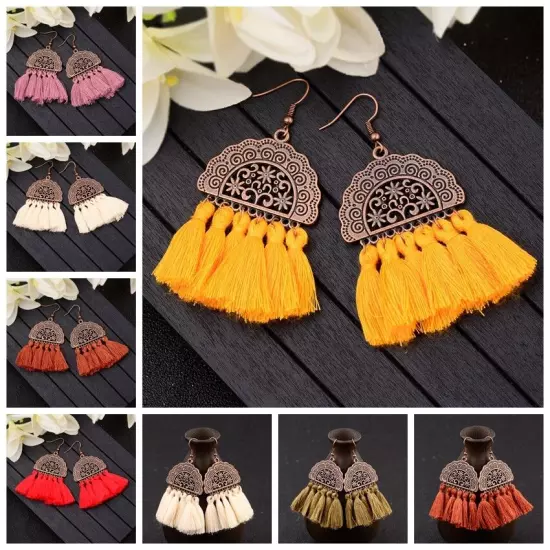 Fashion Women Bohemian Earrings Long Tassel Fringe Drop Dangle Ear Stud Jewelry