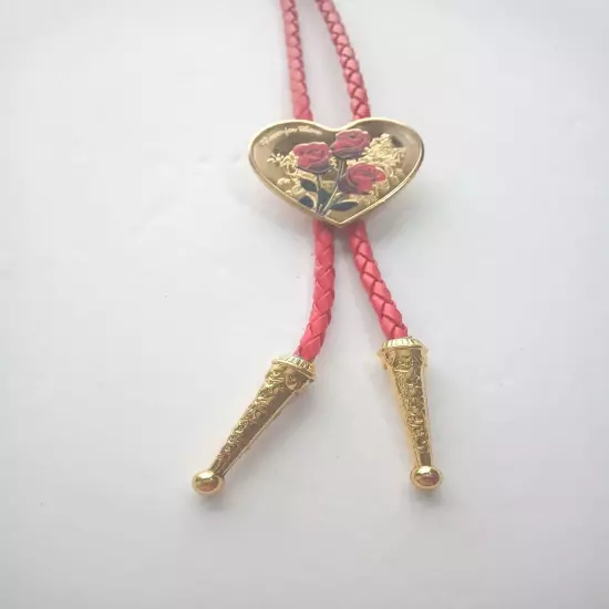 Heart Shape Bolo Tie W/Red Roses 18" 4mm Red Braided Cord W/2.04 " Gold Tips