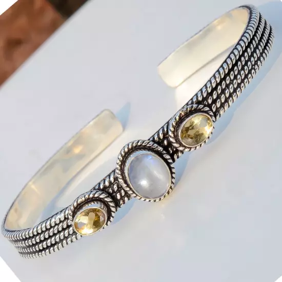 Moonstone, Citrine Topaz Gemstone Bracelet 925 Sterling Silver Man's Cuff Bangle