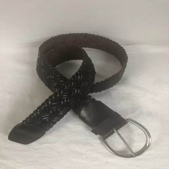 Womens Size M/L Brown Leather Braided Belt,Large Oval Metal Buckle 41”