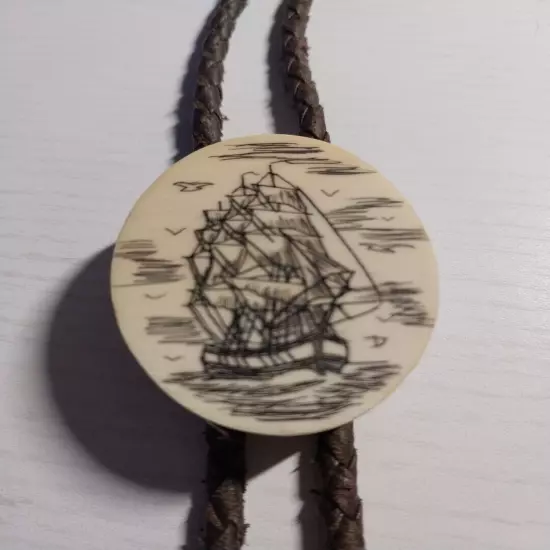 Vintage Scrimshaw Bolo Tie With Ship