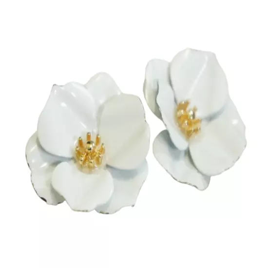 Enameled Magnolia Flower Stud Earrings White & Gold Tone