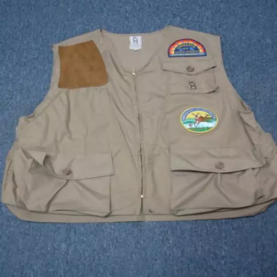 VINTAGE BOB ALLEN KHAKI & SUEDE HUNTING VEST with PATCHES SIZE XXL