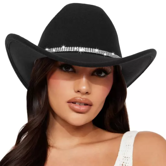 Classic Felt-Western-Cowboy-Cowgirl-Hats for Women Large Black With Rhinestone