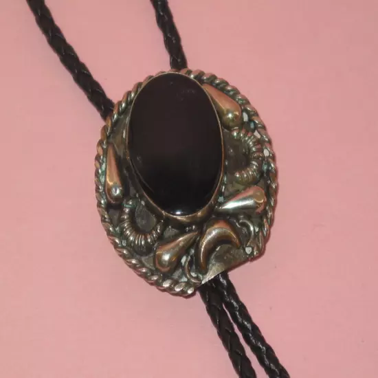 Vintage Bolo Tie ~ Silver Plate & Onyx ~ Raised Motif ~ Woven Leather Cord