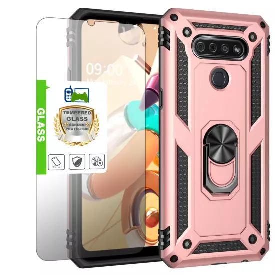 For LG K51 Q51 Reflect Case Shockproof Ring Stand Phone Cover w/ Tempered Glass