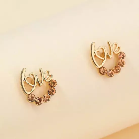 Fashion 18k Gold Plated Crystal Love Letter Stud Earrings Jewellery Womens Girls