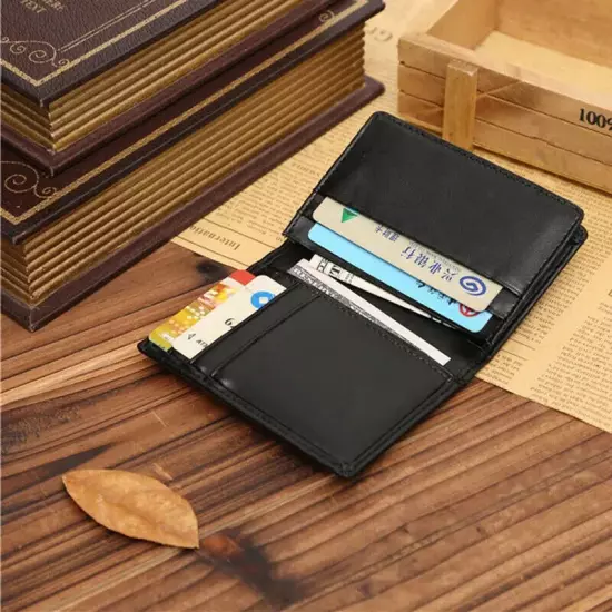 Black Leather Men's Small RFID Slim Bifold Wallet Credit Card ID Holder Wallet