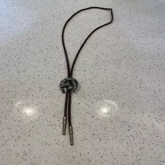 Vintage BOLO Tie - Horse Head and Shoe - silver tone brown leather