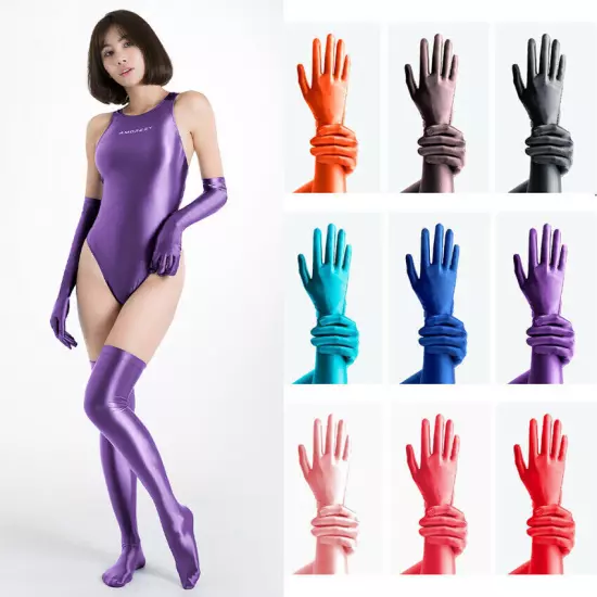 2024 AMORESY Women's Sexy Glossy Shiny Silky Gloves Five-Finger Long-Sleeved New