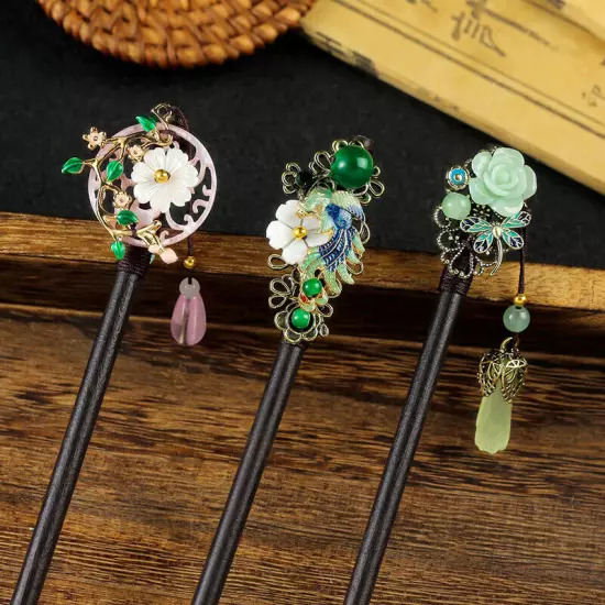 Womens Wooden Hair Stick Pins Chopstick Handmade Flower Hairpins Chinese Style