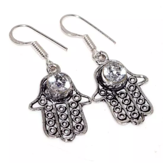 925 Silver Plated-Crystal Topaz Ethnic Earrings Jewelry 1.6" GW