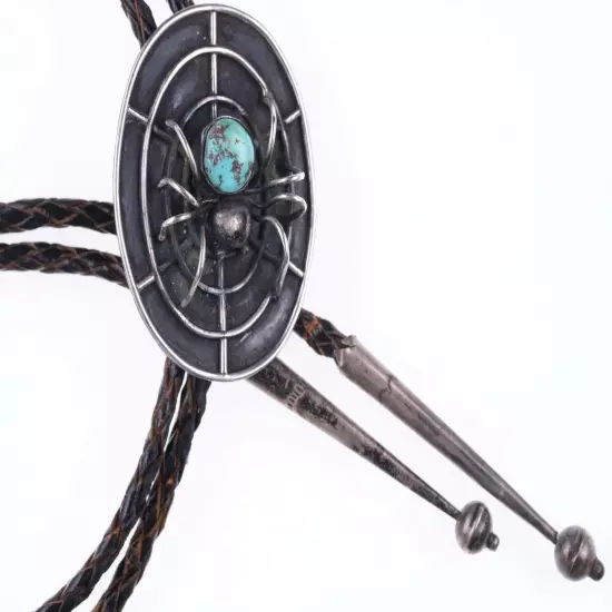 c1950's Native American Spider/Web Silver and turquoise c-31 bolo tie